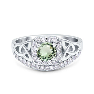 14K White Gold 0.69ct Round Art Deco 5mm G SI Natural Green Amethyst Diamond Engagement Wedding Ring Size 6.5